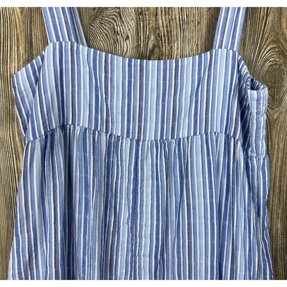 Elliot Lauren Midi Dress L Blue/White Stripe Sleeveless Tiered Ruffled Chambray - Picture 5 of 14